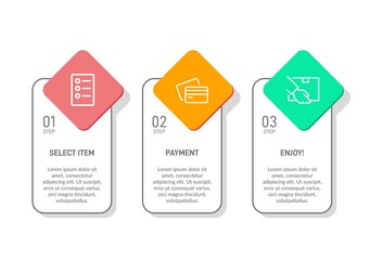 Concept of shopping process with 3 successive steps. Three colorful graphic elements. Timeline design for brochure, presentation, web site. Infographic design layout.