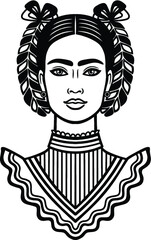 Wall Mural - Animation portrait of the young beautiful mexican woman with a traditional hairstyle. Vector illustration isolated on a white background. Print, poster, emblem, card, t-shirt.