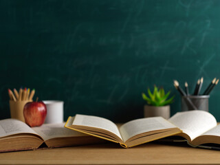 Wall Mural - Study table in classroom with opened books, stationery and apple in with blackboard background