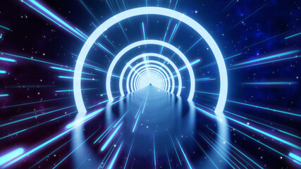 Wall Mural - loop motion of glowing neon ring and dark galaxy star background. cyber futuristic high speed light 