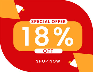 Special offer 18 percent discount banner, Sale and special offer banner. 18% off shop now