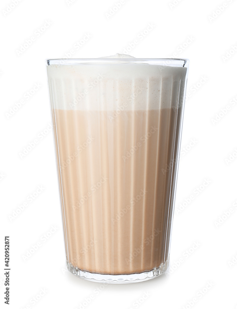 Glass of tasty latte on white background