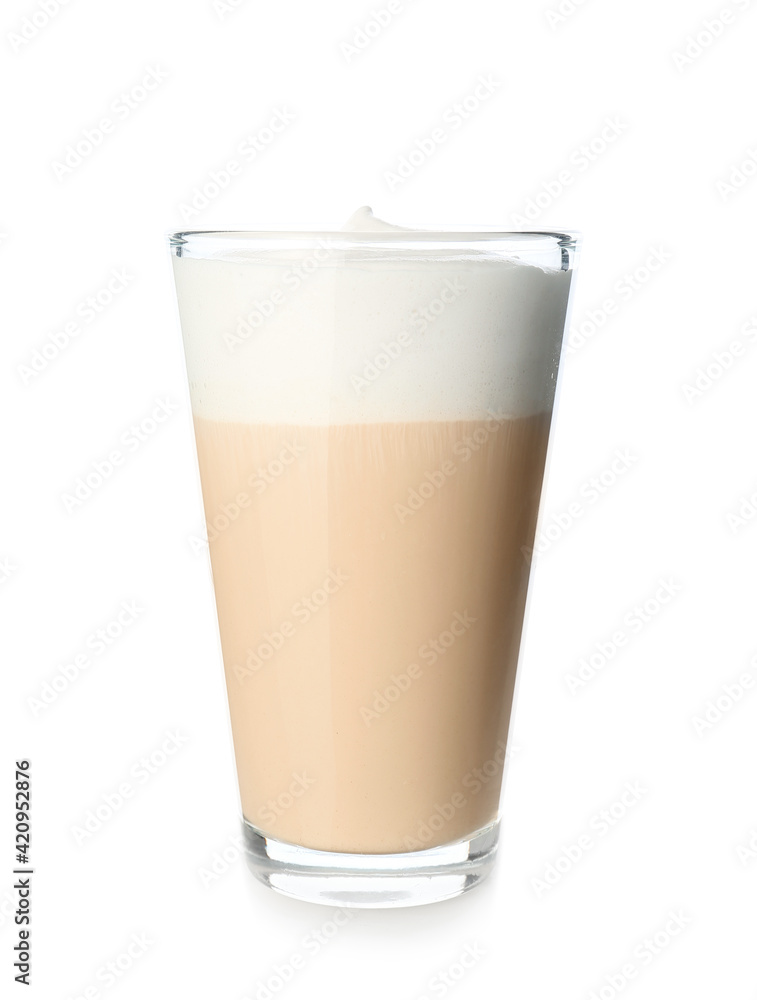 Glass of tasty latte on white background