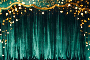 Wall Mural - The green curtain made of luxurious velvet on the stage of the theater is fantastically glittering