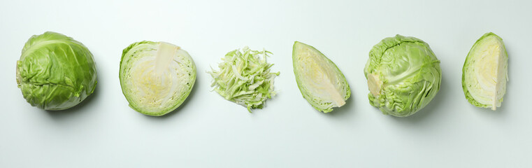 Wall Mural - Fresh green cabbage on white background, top view