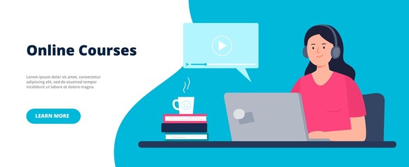 Banner for a Site with an Online Education Theme. Distance Education, E-learning, Studying at Home. Vector Flat Illustration.