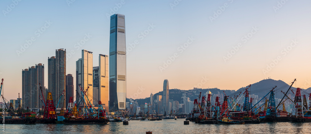 Hong Kong West Kowloon at Sunset Stock Photo | Adobe Stock