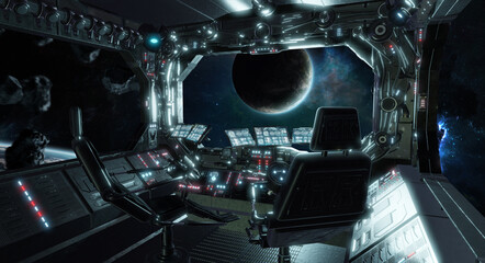 Poster - Spaceship grunge interior control room with view on space 3D rendering elements of this image furnished by NASA