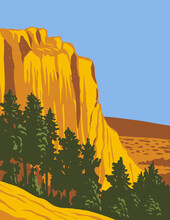 WPA Poster Art Of The Sandstone Bluff Of El Morro National Monument In Cibola County, New Mexico, United States Done In Works Project Administration Style Style Or Federal Art Project Style.