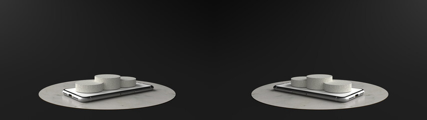 Wall Mural - round marble pedestal on the smartphone white screen, podium for display product on the black floor.