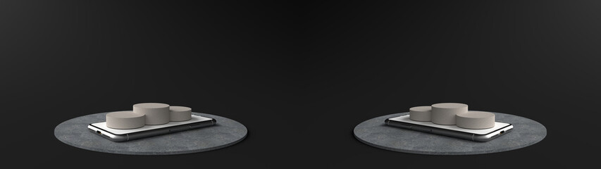 Wall Mural - round marble pedestal on the smartphone white screen, podium for display product on the black floor.