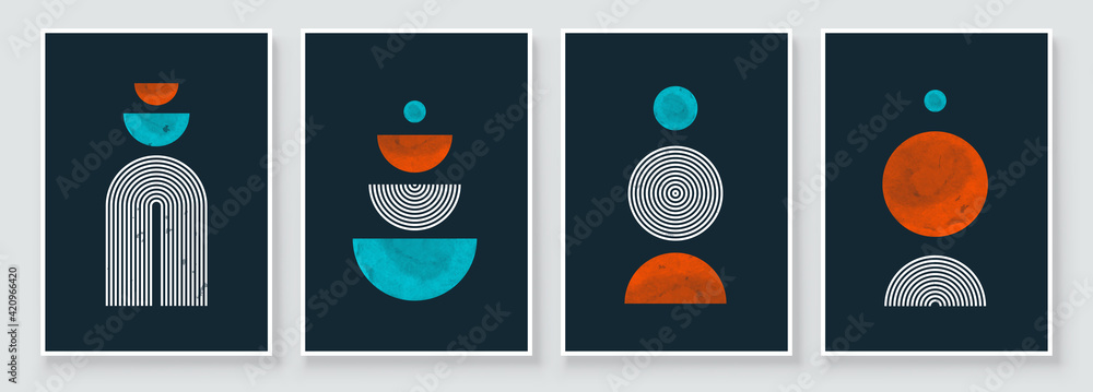 Mid Century Modern Design. A trendy set of Abstract Black Hand Painted Illustrations for Postcard, Social Media Banner, Brochure Cover Design or Wall Decoration Background. Vector illustration. - obrazy, fototapety, plakaty 