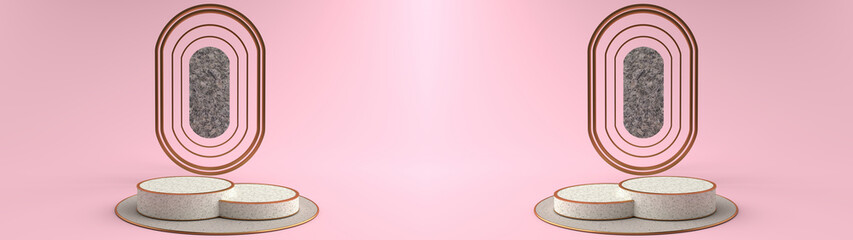 Wall Mural - 3d rendering of round stone pedestal. bending a golden ellipse frame and the marble in the middle is