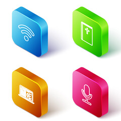 Sticker - Set Isometric line Wi-Fi wireless network, Holy bible book, Medical clinical record and Microphone icon. Vector