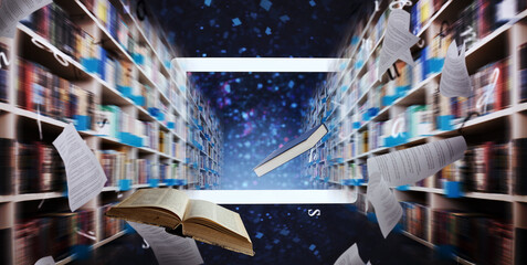 Wall Mural - digitization process from books to ebooks. from paper to digital in a laptop