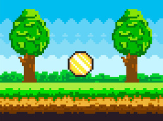 Sticker - Pixel-game background with coins flying in sky. Pixel art game scene with green grass and tall trees