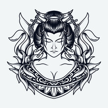 Tattoo And T-shirt Design Black And White Hand Drawn Illustration Geisha Engraving Ornament