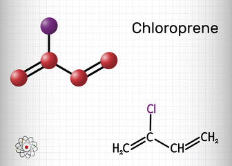 Poster - Chloroprene molecule. It is chloroolefin, used as monomer for polymer polychloroprene, a type of synthetic rubber, neoprene. Structural chemical formula and molecule model