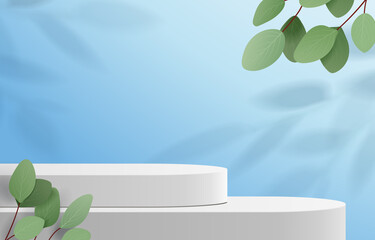 abstract minimal scene with geometric forms. cylinder podium in blue background with leaves. product