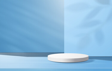 Wall Mural - abstract minimal scene with geometric forms. cylinder podium in blue background with leaves. product