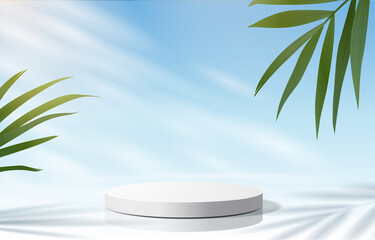 abstract minimal scene with geometric forms. cylinder podium in blue background with leaves. product
