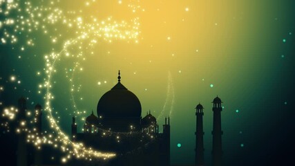 Wall Mural - ramadan kareem background loop. silhouette of taj mahal with particle glitter glow and crescent moon