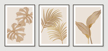 Botanical Wall Art Vector Set. Golden Foliage Line Art Drawing With Watercolor.  Abstract Plant Art Design For Wall Framed Prints, Canvas Prints, Poster, Home Decor, Cover, Wallpaper.