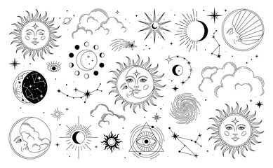 set of sun, moon, stars, clouds, constellations and esoteric symbols. alchemy mystical magic element