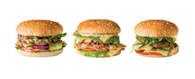 Set Of Three Different Burgers With Beef, Chicken, Cheese, Onions And Tomatoes