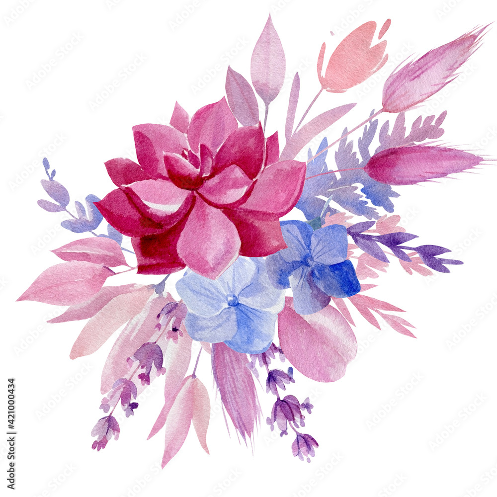 Bouquet abstract pink and blue flowers on isolated on white background ...
