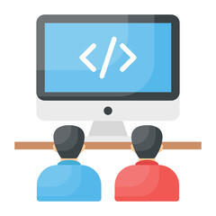 two man looking and code on monitor. pair programming concept, agile methodologies vector color icon