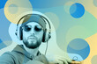 © Ded Pixto - Pop art style collage. Funky bearded hipster DJ in headphone and sunglasses. Listening streaming music in smartphone player app. Contemporary art poster. Rave music nightclub party. Minimal concept.