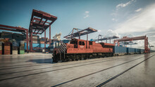 Container Train In The Port. Cargo Train Moving In The Container Terminal. 3d Illustration