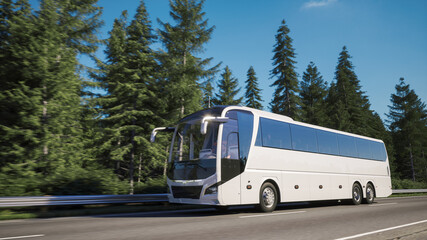 white tourist bus in travel. tourist bus drive along the forest. traveling of white tourist bus. 3d 