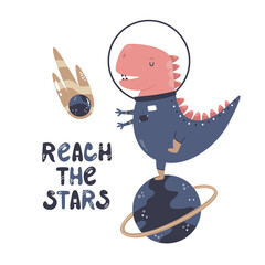 Wall Mural - Vector illustration of a funny dinosaur astronaut and cosmic objects.