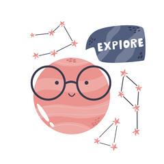 Wall Mural - Funny composition with planet in glasses, constellations and lettering text EXPLORE