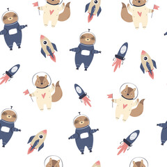 Wall Mural - Cosmic seamless pattern with cute and funny sloths and foxes astronauts