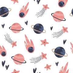 Wall Mural - Seamless pattern with cosmic objects planets, stars, comets