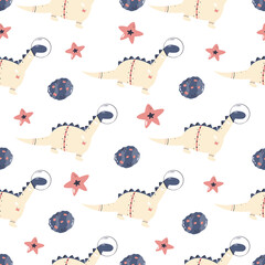 Wall Mural - Cosmic seamless pattern with cute dinosaurs astronauts