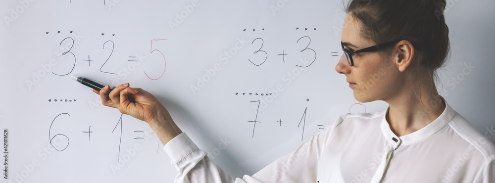 Math Teacher Simple Math math lesson - teacher showing simple mathematical equations on ...
