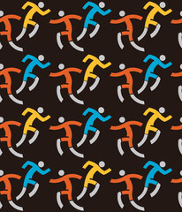 Sticker - Running people, joggers, Seamless decorative pattern.
Black Background with colorful runners icons. Vector available.