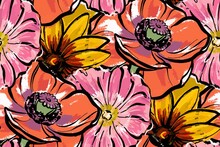 Seamless Pattern. Red Large Flowers. Poppies, Rudbeckia And Mallow.