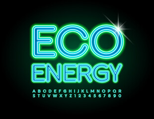 Vector neon sign Eco Energy. Bright glowing Font. Illuminated Led Alphabet Letters and Numbers set