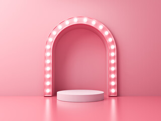 Fototapete - Blank white podium pedestal or platform with glowing retro light bulbs isolated on pink pastel color wall background with reflection minimal conceptual 3D rendering