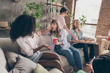 Canvas Print - Photo of impressed brunette blond hairdo guys ladies sit drink eat food on party wear casual cloth at home