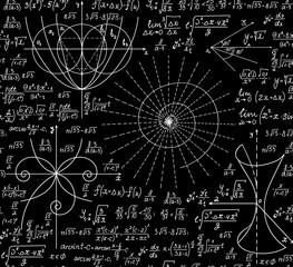 Wall Mural - math endless vector texture with handwritten mathematical formulas, equations and geometry figures