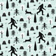 Bigfoot and jackalope seamless pattern design set in winter outdoor wilderness