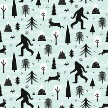 Bigfoot And Jackalope Seamless Pattern Design Set In Winter Outdoor Wilderness