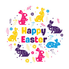 Sticker - Easter banner with bunnies and flowers. Vector illustration