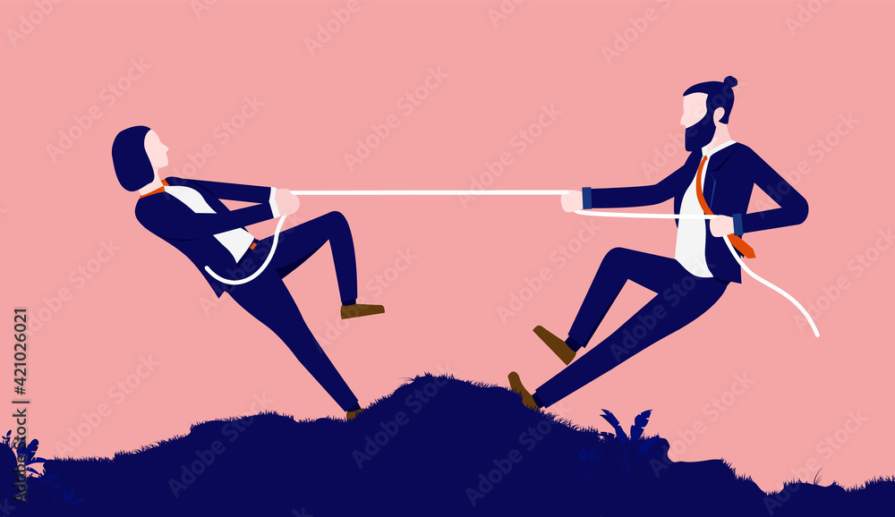 Woman vs man - Two businesspeople playing tug of war, pulling rope and ...